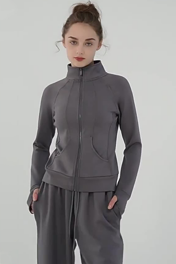 LC264627-P2011-S, LC264627-P2011-M, LC264627-P2011-L, LC264627-P2011-XL, Dark Grey Active Solid Zipper Yoga Coat
