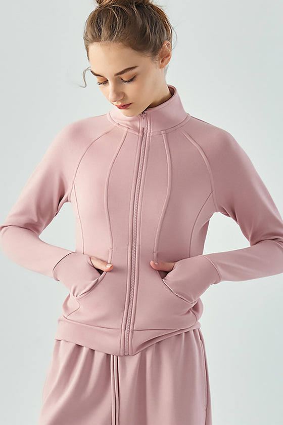 LC264627-P4010-S, LC264627-P4010-M, LC264627-P4010-L, LC264627-P4010-XL, Peach Blossom Active Solid Zipper Yoga Coat