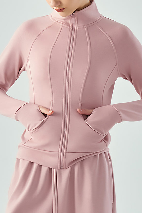 LC264627-P4010-S, LC264627-P4010-M, LC264627-P4010-L, LC264627-P4010-XL, Peach Blossom Active Solid Zipper Yoga Coat