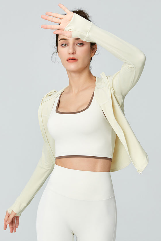 LC264629-P101-S, LC264629-P101-M, LC264629-P101-L, LC264629-P101-XL, White Long Sleeve Zipper Solid Yoga Coat