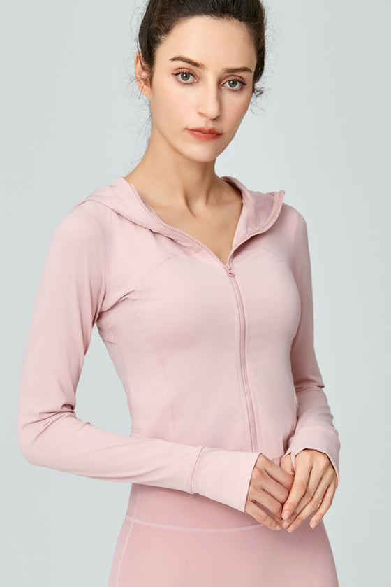 LC264629-P1010-S, LC264629-P1010-M, LC264629-P1010-L, LC264629-P1010-XL, Light Pink Long Sleeve Zipper Solid Yoga Coat