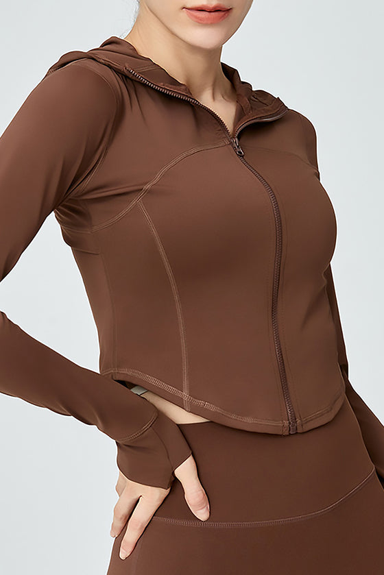 LC264629-P1017-S, LC264629-P1017-M, LC264629-P1017-L, LC264629-P1017-XL, Coffee Long Sleeve Zipper Solid Yoga Coat