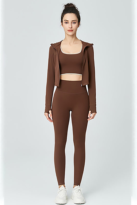 LC264629-P1017-S, LC264629-P1017-M, LC264629-P1017-L, LC264629-P1017-XL, Coffee Long Sleeve Zipper Solid Yoga Coat