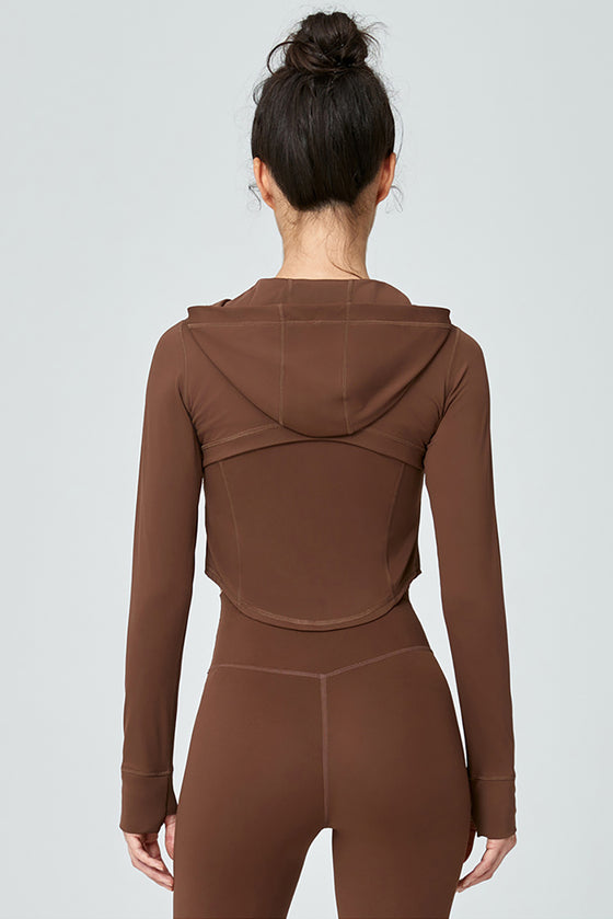 LC264629-P1017-S, LC264629-P1017-M, LC264629-P1017-L, LC264629-P1017-XL, Coffee Long Sleeve Zipper Solid Yoga Coat