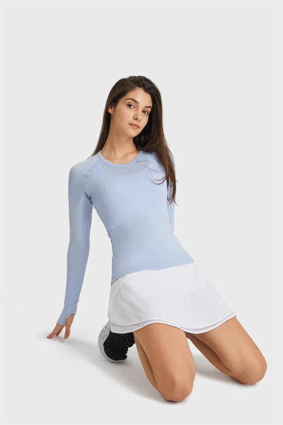 PACK264631-P804-1, Beau Blue Slim Thumbhole Sleeve Textured Detail Gym Top