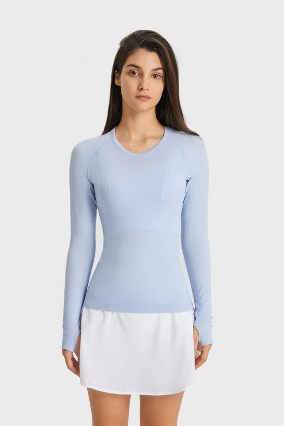 PACK264631-P804-1, Beau Blue Slim Thumbhole Sleeve Textured Detail Gym Top