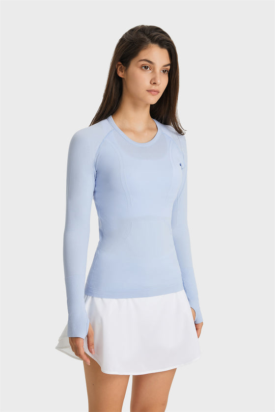 PACK264631-P804-1, Beau Blue Slim Thumbhole Sleeve Textured Detail Gym Top
