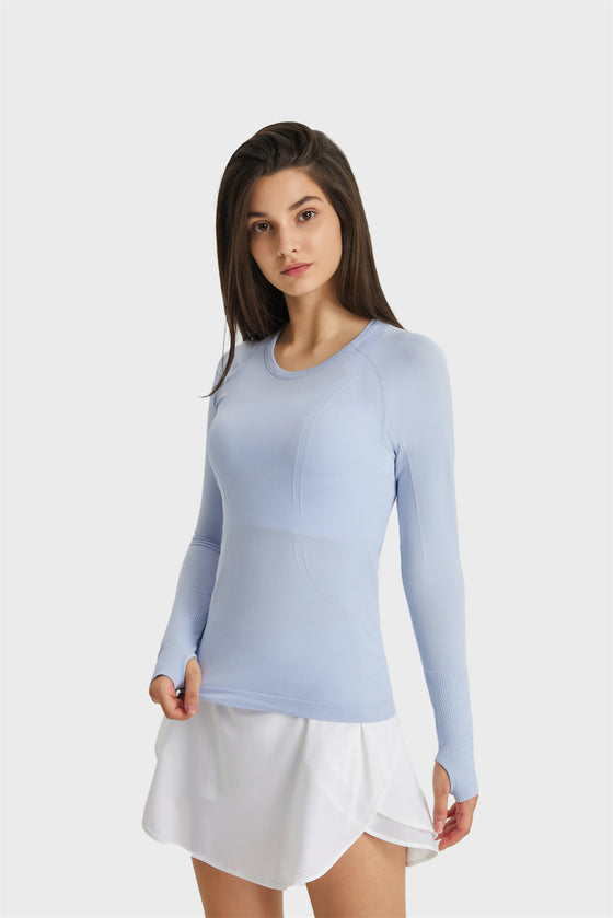 PACK264631-P804-1, Beau Blue Slim Thumbhole Sleeve Textured Detail Gym Top