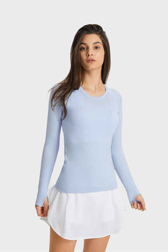 PACK264631-P804-1, Beau Blue Slim Thumbhole Sleeve Textured Detail Gym Top