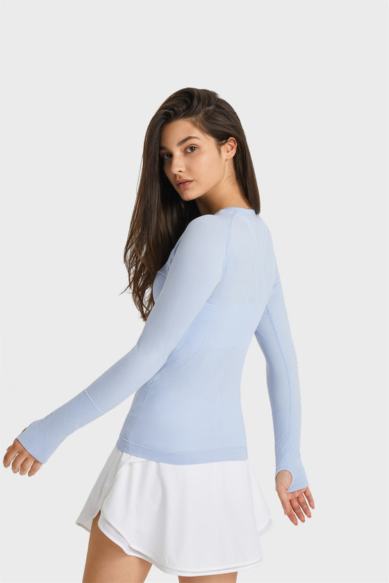 PACK264631-P804-1, Beau Blue Slim Thumbhole Sleeve Textured Detail Gym Top