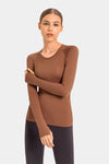 PACK264631-P2017-1, Chestnut Slim Thumbhole Sleeve Textured Detail Gym Top