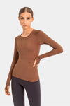 PACK264631-P2017-1, Chestnut Slim Thumbhole Sleeve Textured Detail Gym Top