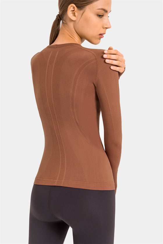 PACK264631-P2017-1, Chestnut Slim Thumbhole Sleeve Textured Detail Gym Top