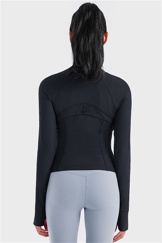 PACK264633-P2-1, Black Ribbed Stitching Thumbhole Sleeve Zip Up Active Top