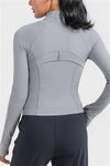 PACK264633-P11-1, Gray Ribbed Stitching Thumbhole Sleeve Zip Up Active Top