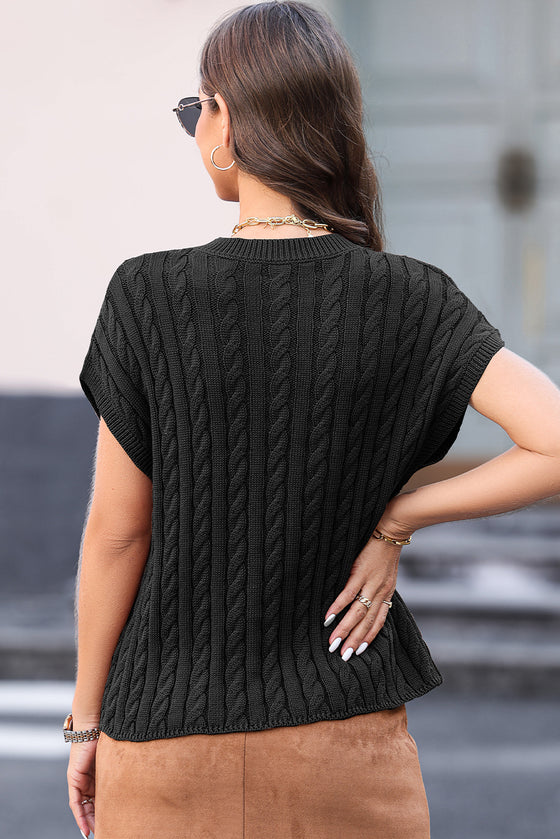 PACK2724323-P2-2, Black Crew Neck Cable Knit Short Sleeve Sweater