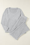 PACK625308-P1011-2, Light Grey Ribbed Knit V Neck Slouchy Two-Piece Outfit