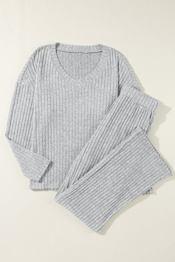 PACK625308-P1011-2, Light Grey Ribbed Knit V Neck Slouchy Two-Piece Outfit