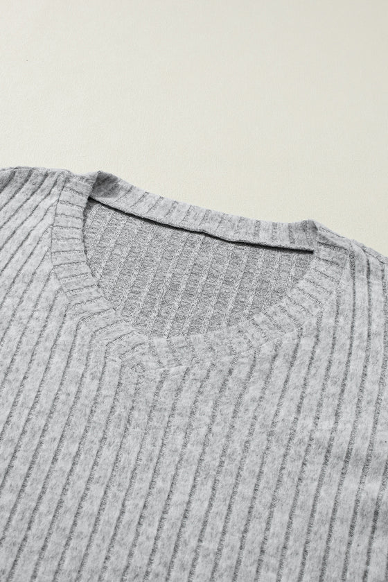 PACK625308-P1011-2, Light Grey Ribbed Knit V Neck Slouchy Two-Piece Outfit