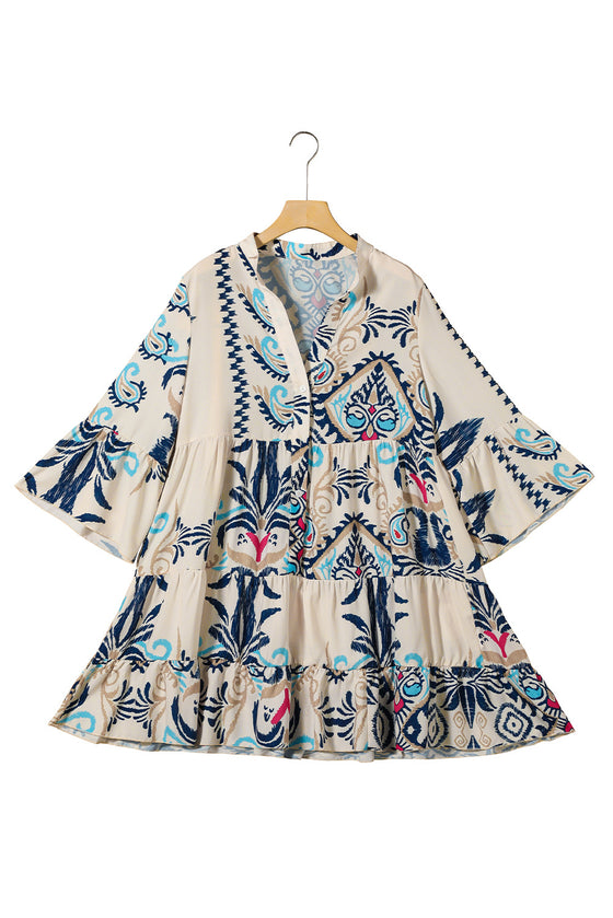 PACK6118388-P120-2, White Printed Tribal Print Bracelet Sleeve Buttoned Mini Dress