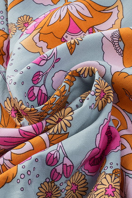 PACK25121350-4-2, Sky Blue Floral Print Loose Fit Ruched V Neck Blouse