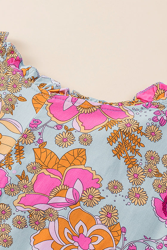 PACK25121350-4-2, Sky Blue Floral Print Loose Fit Ruched V Neck Blouse