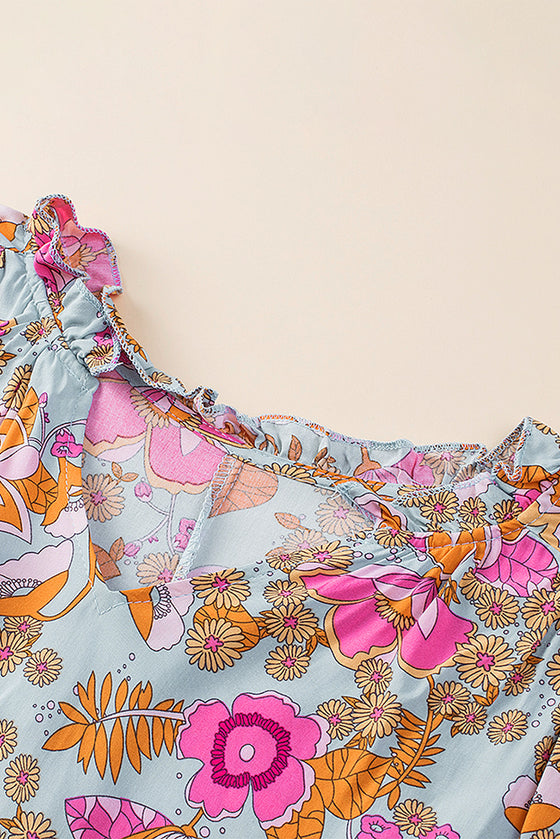 PACK25121350-4-2, Sky Blue Floral Print Loose Fit Ruched V Neck Blouse