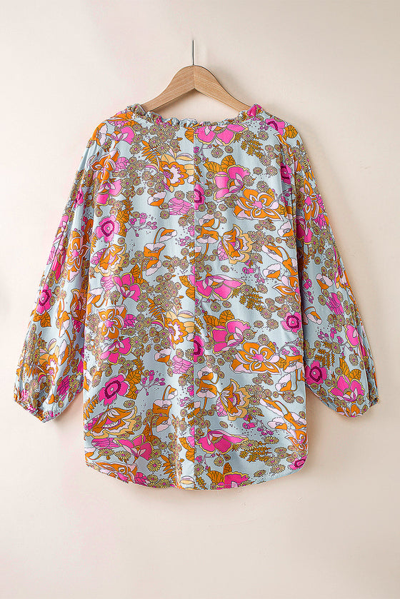PACK25121350-4-2, Sky Blue Floral Print Loose Fit Ruched V Neck Blouse