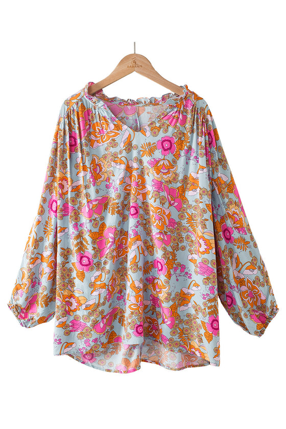 PACK25121350-4-2, Sky Blue Floral Print Loose Fit Ruched V Neck Blouse