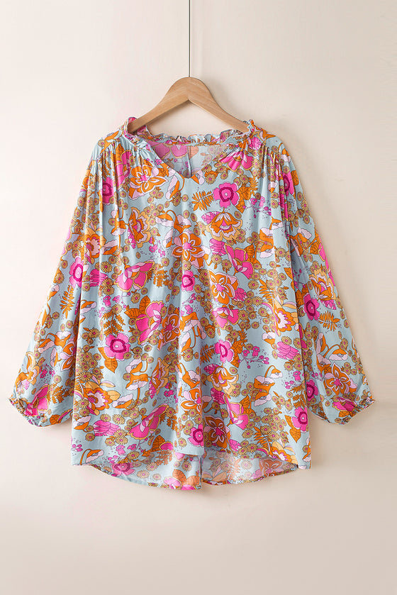 PACK25121350-4-2, Sky Blue Floral Print Loose Fit Ruched V Neck Blouse