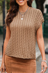 PACK2724323-P4016-2, Light French Beige Crew Neck Cable Knit Short Sleeve Sweater