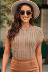 PACK2724323-P4016-2, Light French Beige Crew Neck Cable Knit Short Sleeve Sweater