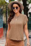 PACK2724323-P4016-2, Light French Beige Crew Neck Cable Knit Short Sleeve Sweater