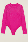 PACK6421593-P6-2, Rose Red Rose Rhinestone Mesh Long Sleeve Bodysuit