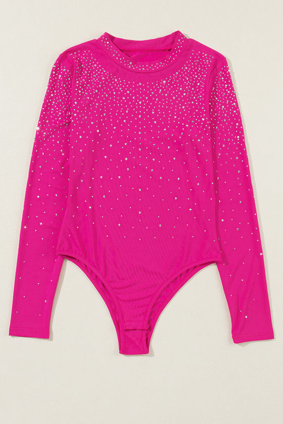 PACK6421593-P6-2, Rose Red Rose Rhinestone Mesh Long Sleeve Bodysuit