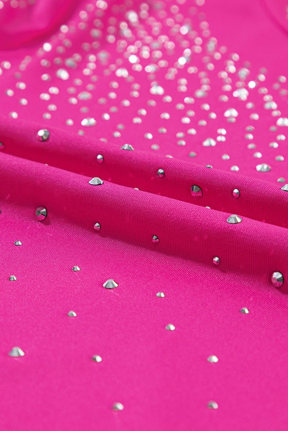 PACK6421593-P6-2, Rose Red Rose Rhinestone Mesh Long Sleeve Bodysuit