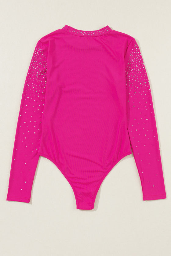 PACK6421593-P6-2, Rose Red Rose Rhinestone Mesh Long Sleeve Bodysuit