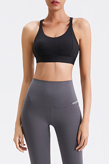  LC264638-P2-S, LC264638-P2-M, LC264638-P2-L, LC264638-P2-XL, Black Solid Color Criss Cross Back Push Up Sports Bra