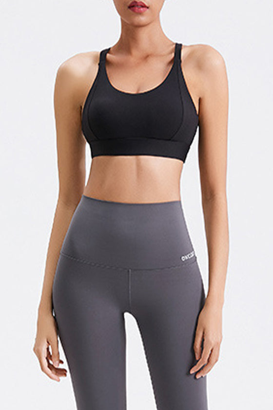 LC264638-P2-S, LC264638-P2-M, LC264638-P2-L, LC264638-P2-XL, Black Solid Color Criss Cross Back Push Up Sports Bra