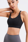 LC264638-P2-S, LC264638-P2-M, LC264638-P2-L, LC264638-P2-XL, Black Solid Color Criss Cross Back Push Up Sports Bra