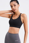 LC264638-P2-S, LC264638-P2-M, LC264638-P2-L, LC264638-P2-XL, Black Solid Color Criss Cross Back Push Up Sports Bra