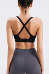LC264638-P2-S, LC264638-P2-M, LC264638-P2-L, LC264638-P2-XL, Black Solid Color Criss Cross Back Push Up Sports Bra