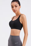 LC264638-P2-S, LC264638-P2-M, LC264638-P2-L, LC264638-P2-XL, Black Solid Color Criss Cross Back Push Up Sports Bra
