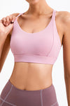 LC264638-P10-S, LC264638-P10-M, LC264638-P10-L, LC264638-P10-XL, Pink Solid Color Criss Cross Back Push Up Sports Bra