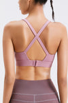 LC264638-P10-S, LC264638-P10-M, LC264638-P10-L, LC264638-P10-XL, Pink Solid Color Criss Cross Back Push Up Sports Bra