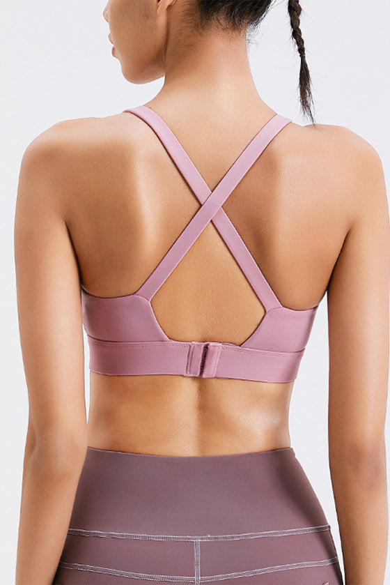 LC264638-P10-S, LC264638-P10-M, LC264638-P10-L, LC264638-P10-XL, Pink Solid Color Criss Cross Back Push Up Sports Bra