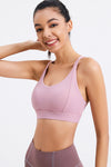 LC264638-P10-S, LC264638-P10-M, LC264638-P10-L, LC264638-P10-XL, Pink Solid Color Criss Cross Back Push Up Sports Bra