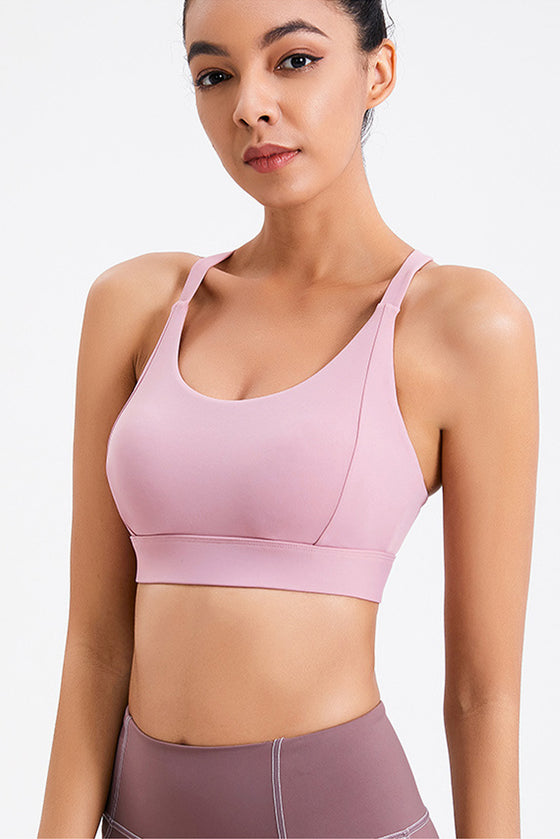 LC264638-P10-S, LC264638-P10-M, LC264638-P10-L, LC264638-P10-XL, Pink Solid Color Criss Cross Back Push Up Sports Bra