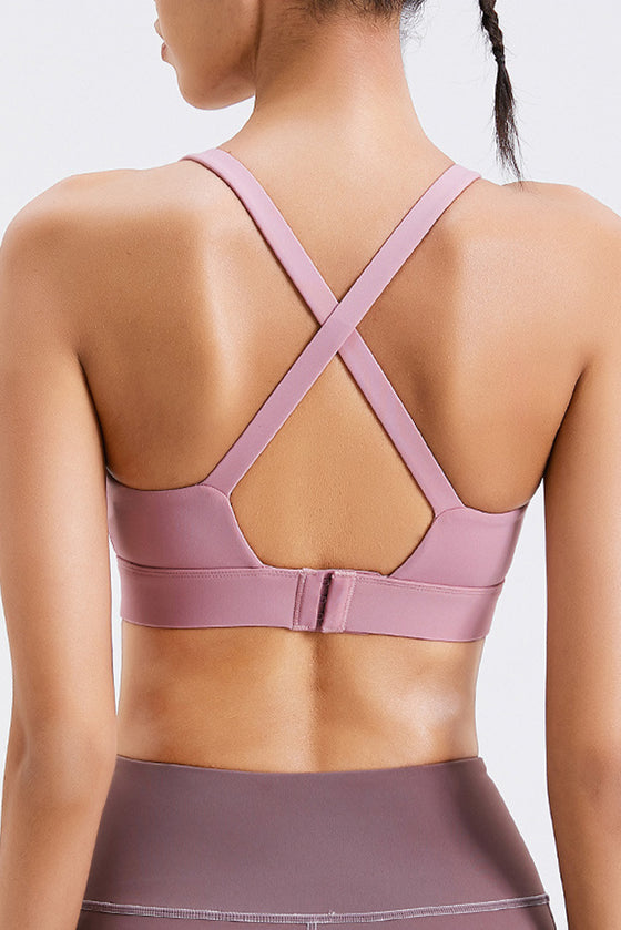 LC264638-P10-S, LC264638-P10-M, LC264638-P10-L, LC264638-P10-XL, Pink Solid Color Criss Cross Back Push Up Sports Bra
