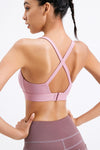 LC264638-P10-S, LC264638-P10-M, LC264638-P10-L, LC264638-P10-XL, Pink Solid Color Criss Cross Back Push Up Sports Bra